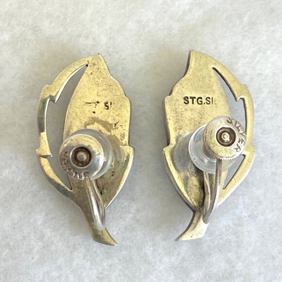 VTG Sterling Silver 925 Dainty Abalone Inlay Foliage Leaf Screwback Earrings - Picture 8 of 16